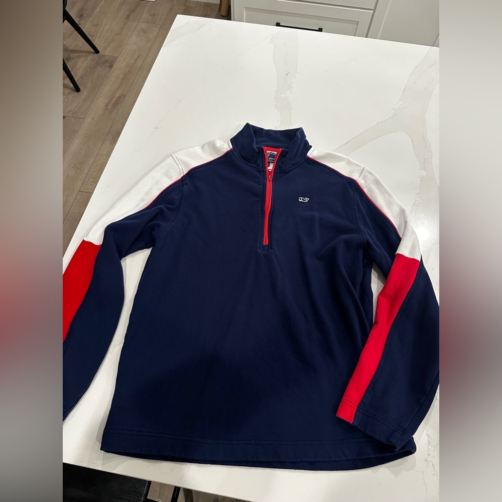 Vineyard Vines Men’s shep 1/4 zip, navy, red, and white, Medium